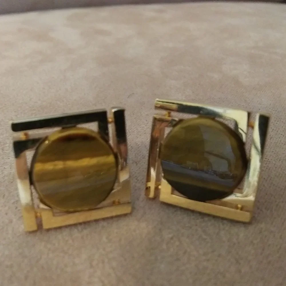 Cuff Links Gold Tone Tiger Eye Vintage